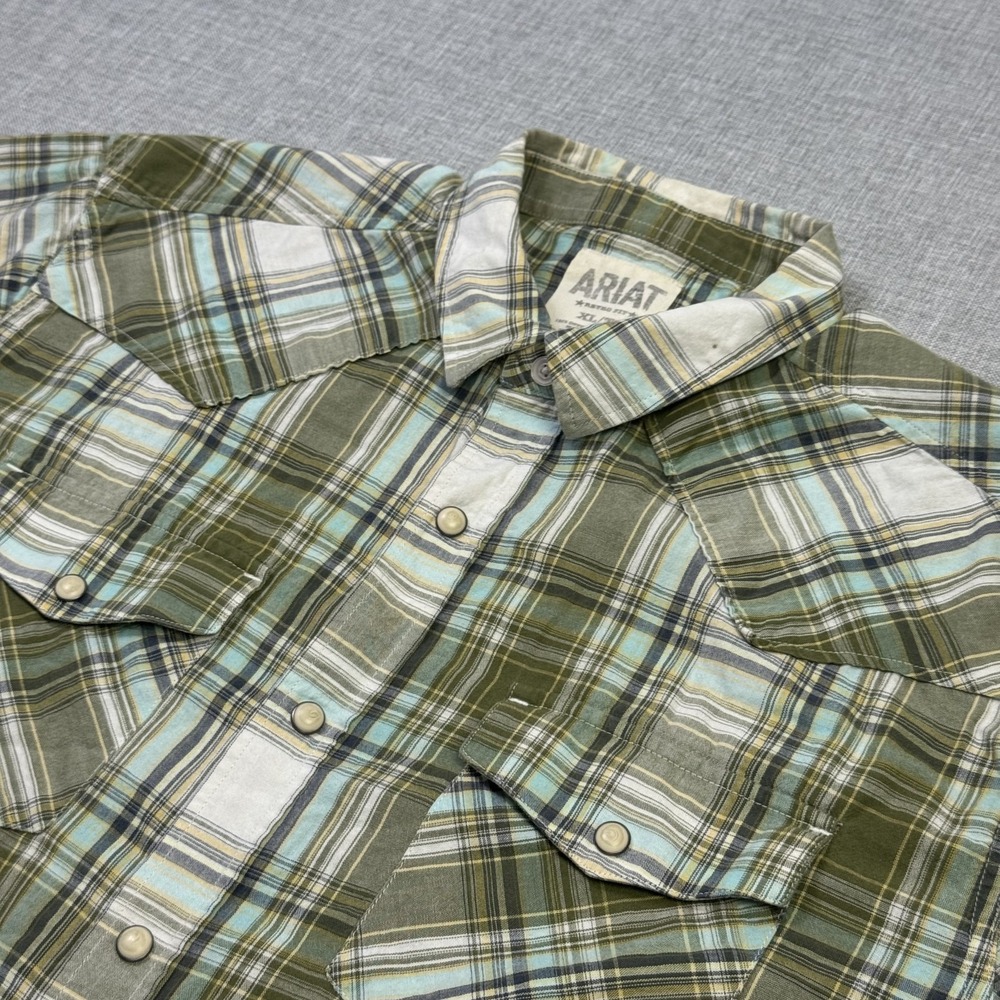 Ariat Atticus Retro Short Sleeve Snap Button Shirt Mens XL Green Plaid Rodeo